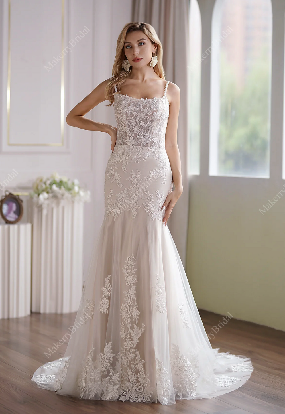 Tulle Mermaid Bridal Gown Subtle Scoop Neckline Sheer Back