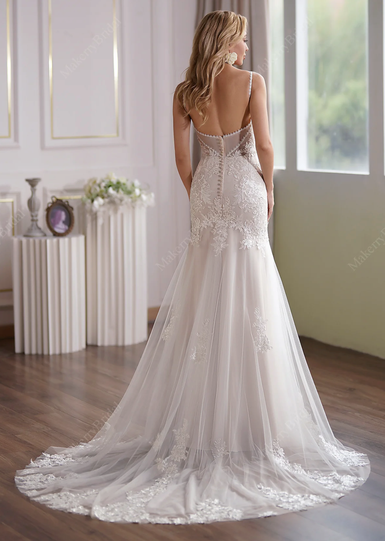 Load image into Gallery viewer, Tulle Mermaid Bridal Gown Subtle Scoop Neckline Sheer Back
