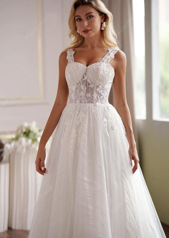 Romantic A-Line Lace Champagne Off-Shoulder Bridal Dress