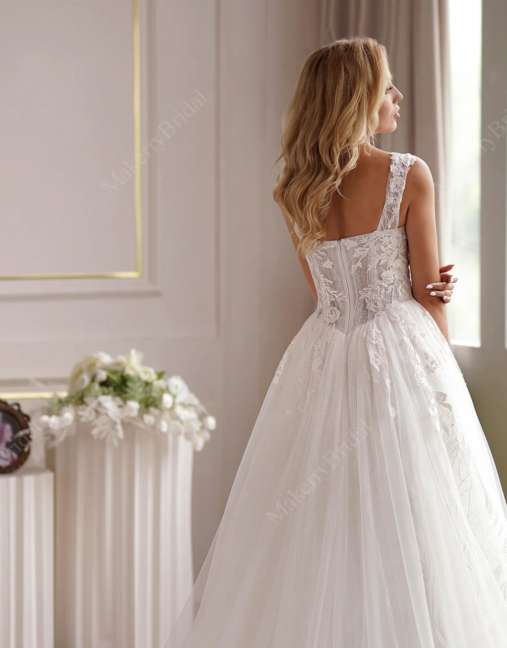 Romantic A-Line Lace Champagne Off-Shoulder Bridal Dress