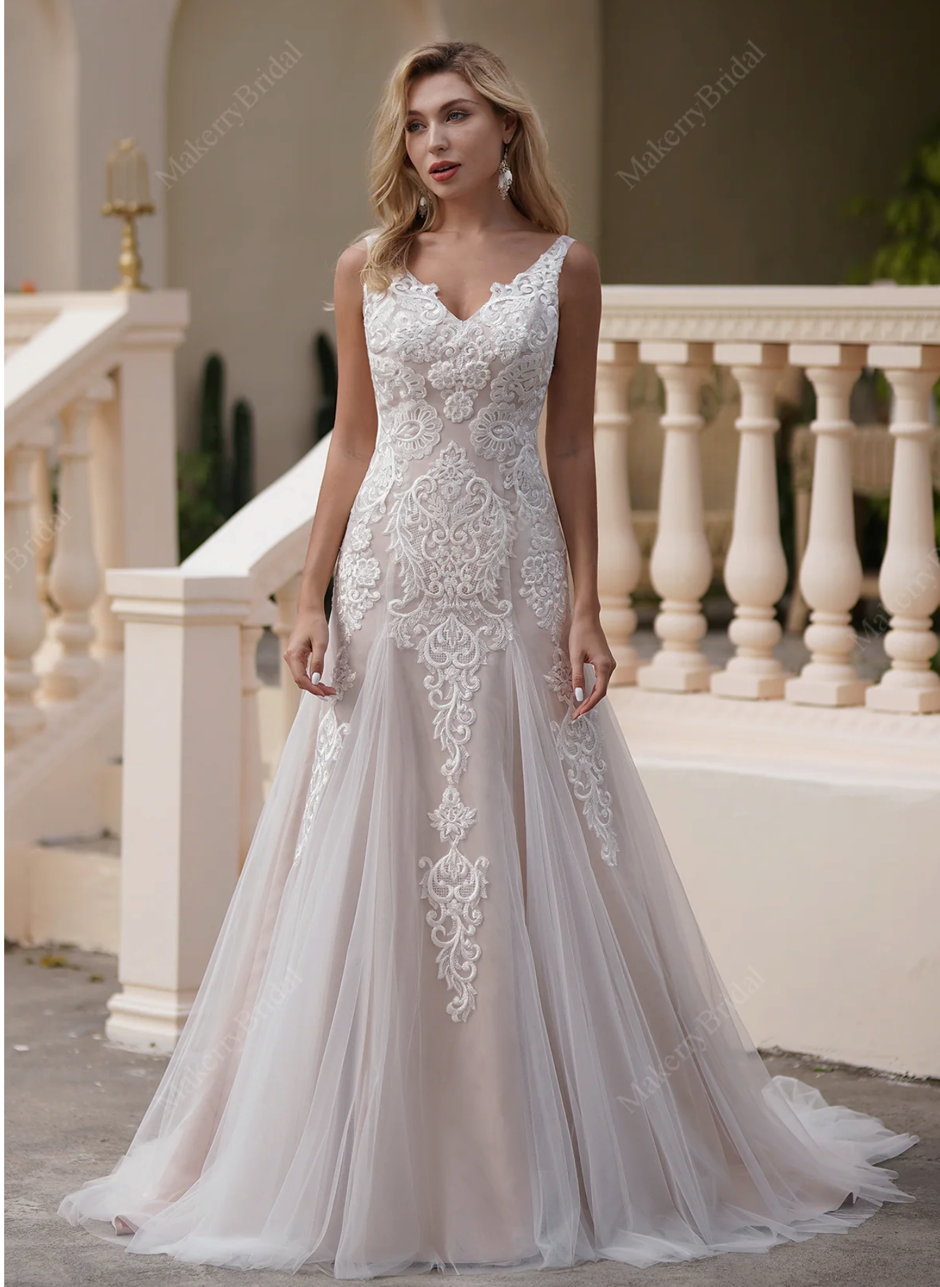 Scalloped Pink Lace V Neck Godet Mermaid Bridal Gown TulleLux