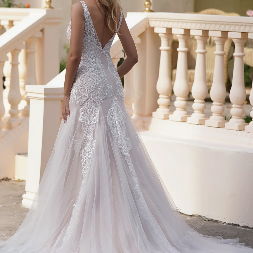 Scalloped Pink Lace V-Neck Godet Mermaid Bridal Gown
