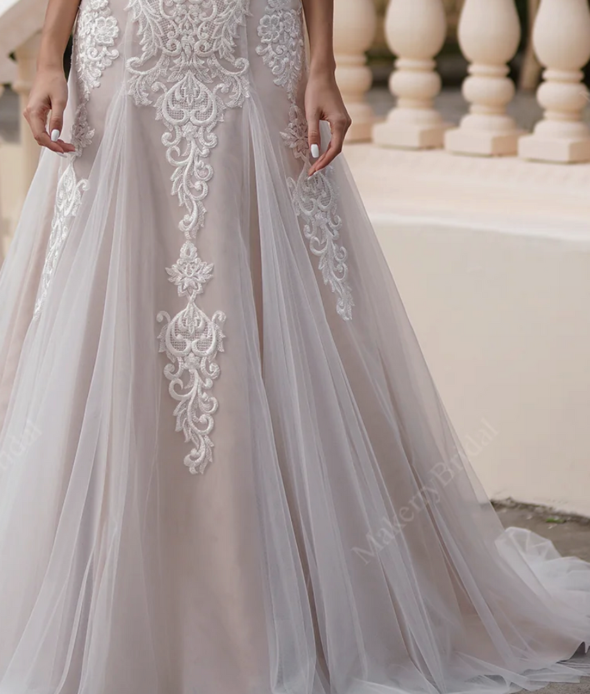 
                      
                        Scalloped Pink Lace V-Neck Godet Mermaid Bridal Gown
                      
                    