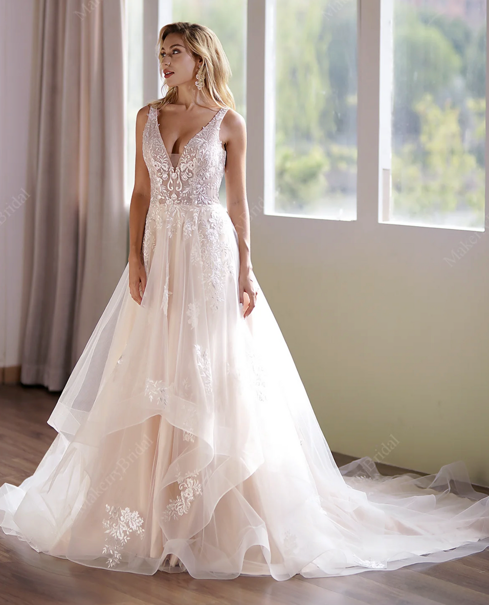 Illusion Lace Ball Gown Sleeveless Bodice  V-Neck Neckline