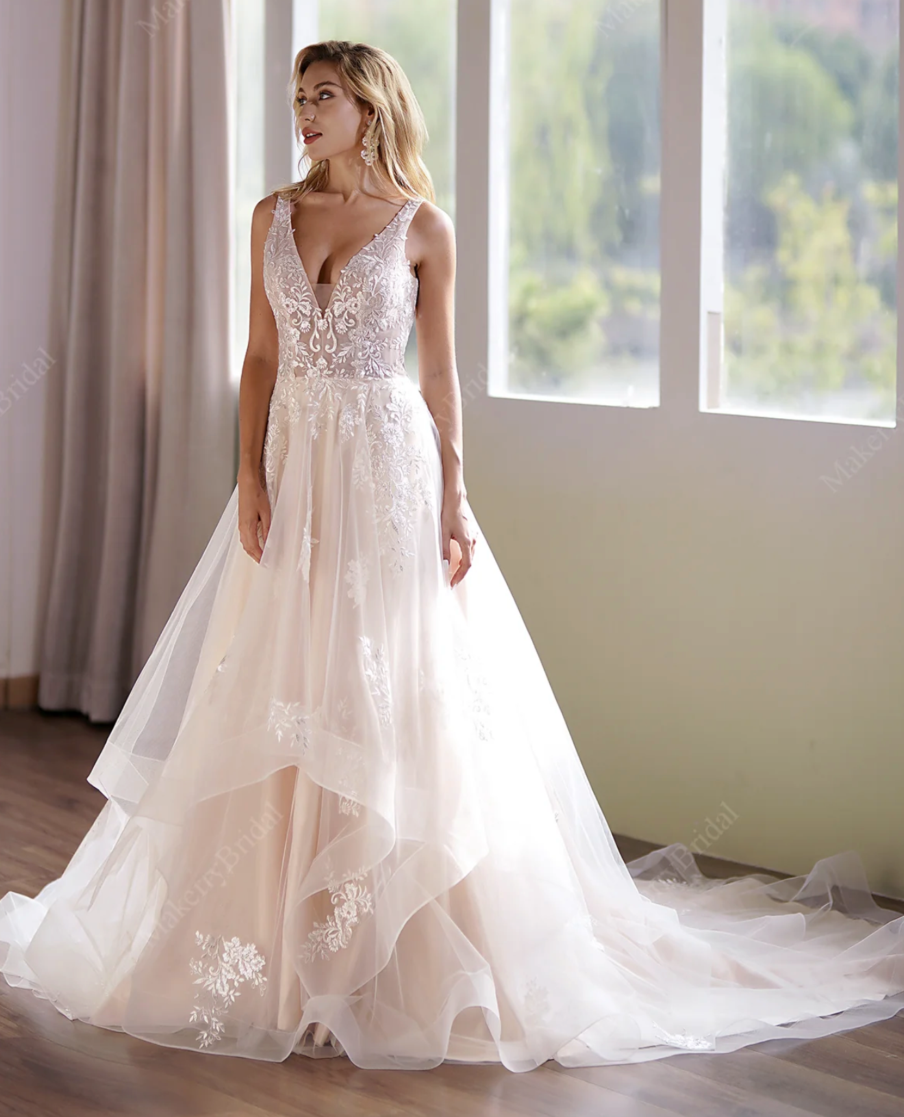 Sleeveless V-neck Embroidered Lace Wedding Dress With Illusion Back