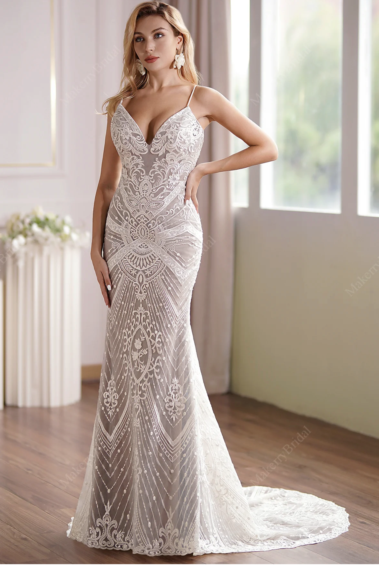 Glamorous Lace Fit-and-Flare Wedding Gown With Plunging Neckline