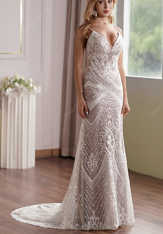 Glamorous Lace Fit-and-Flare Wedding Gown With Plunging Neckline