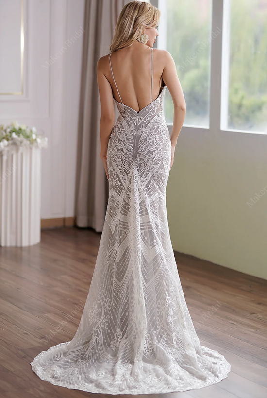 Glamorous Lace Fit-and-Flare Wedding Gown With Plunging Neckline