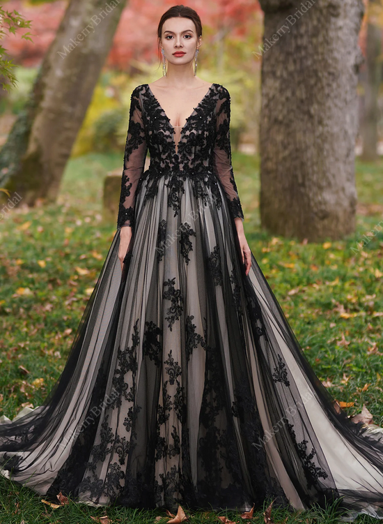 Black Over Nude Beaded Appliques Wedding Dress – TulleLux Bridal