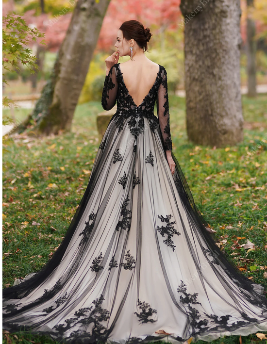 Off-the-shoulder Black Wedding Gown with Beaded Appliques
