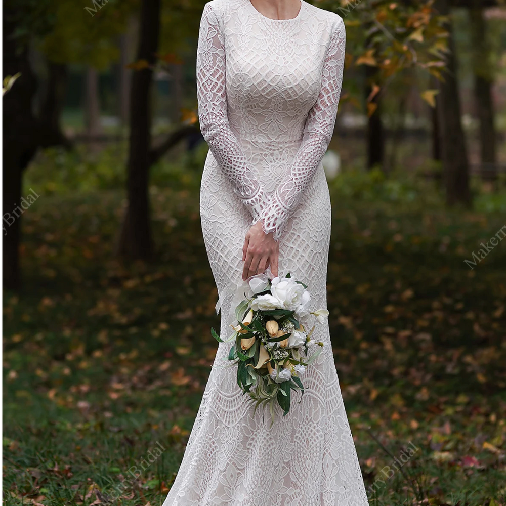 Modest Long Sleeves Lace Mermaid Wedding Dress
