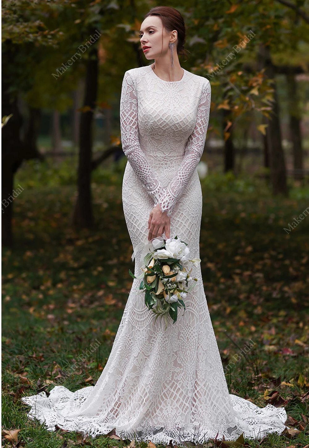 Modest Long Sleeves Lace Mermaid Wedding Dress