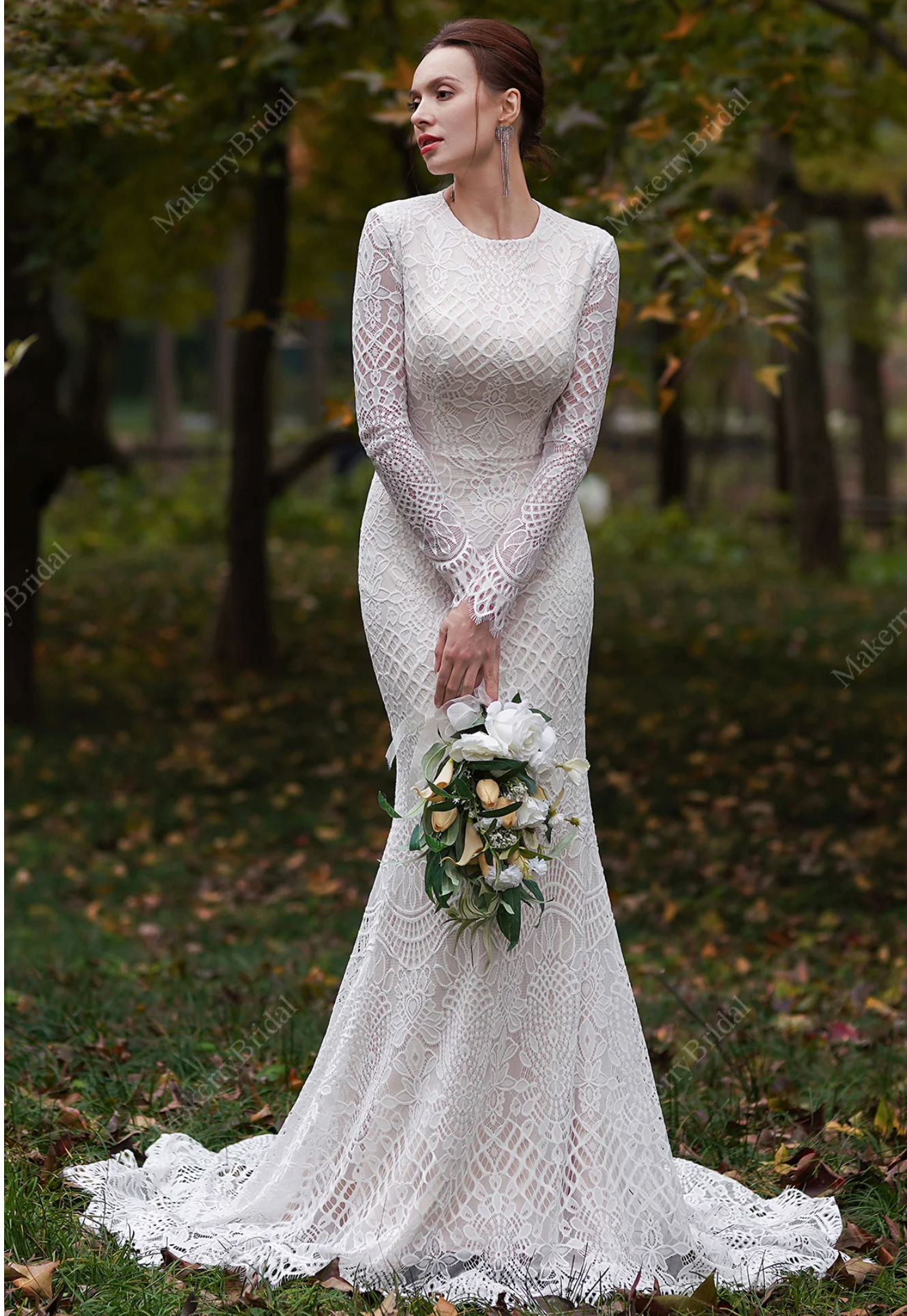 Modest Long Sleeves Lace Mermaid Wedding Dress – TulleLux Bridal Crowns u0026  Accessories