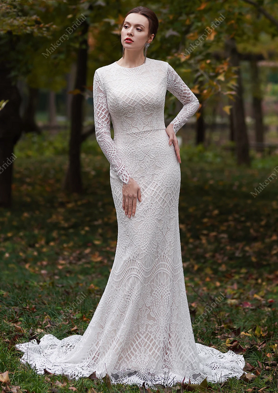Modest Long Sleeves Lace Mermaid Wedding Dress – TulleLux Bridal Crowns &  Accessories
