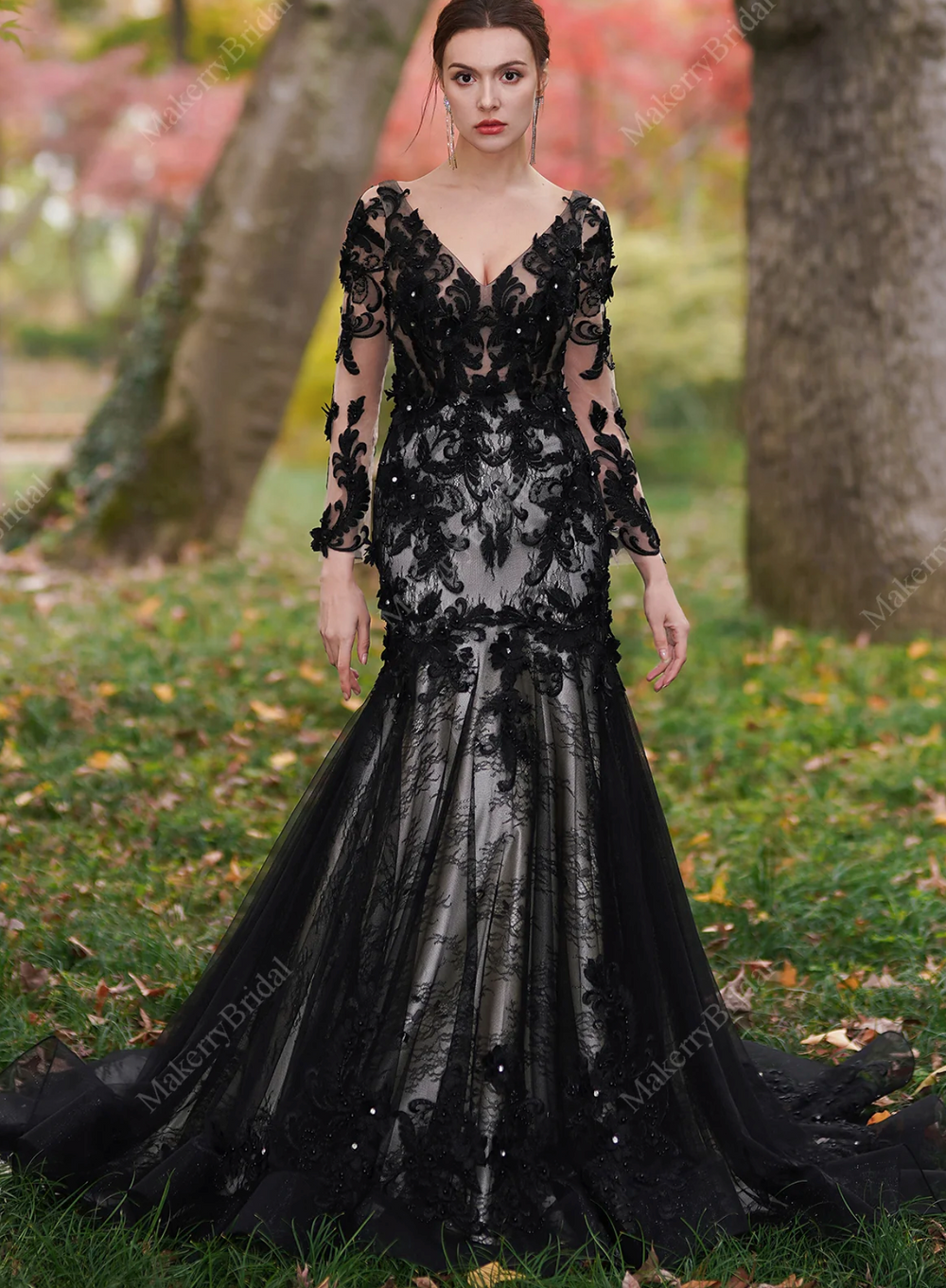 Black Flower Wedding Dress With Illusion Detachable Sleeves