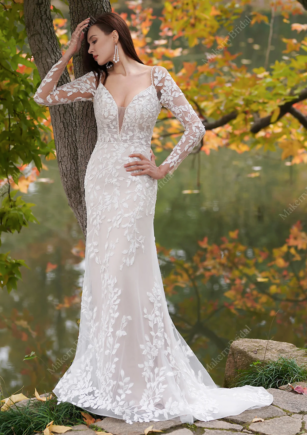 Delicate 3D Lace Hand Beaded Straps Gown With Sleeves