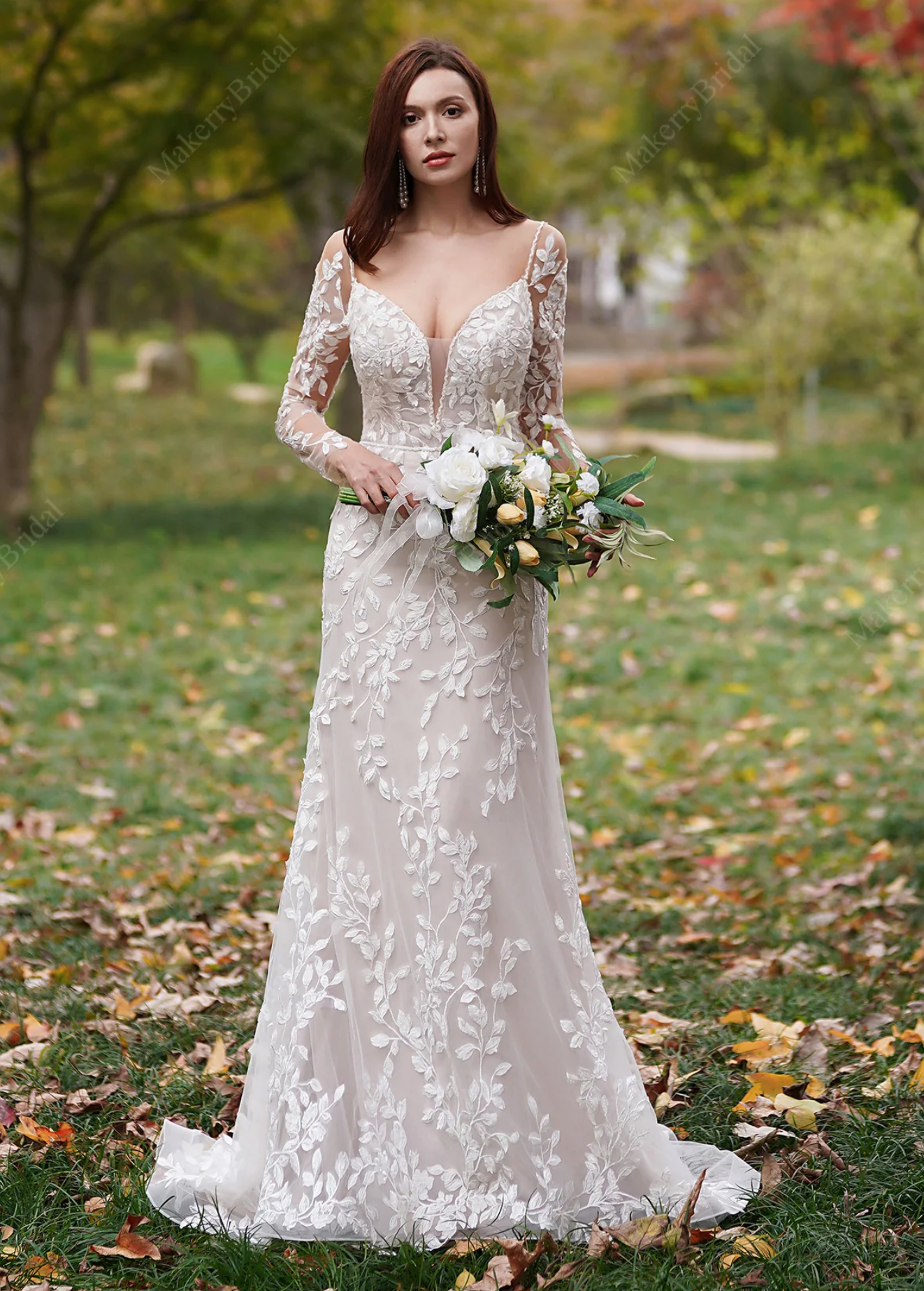 Delicate 3D Lace Hand Beaded Straps Gown With Sleeves