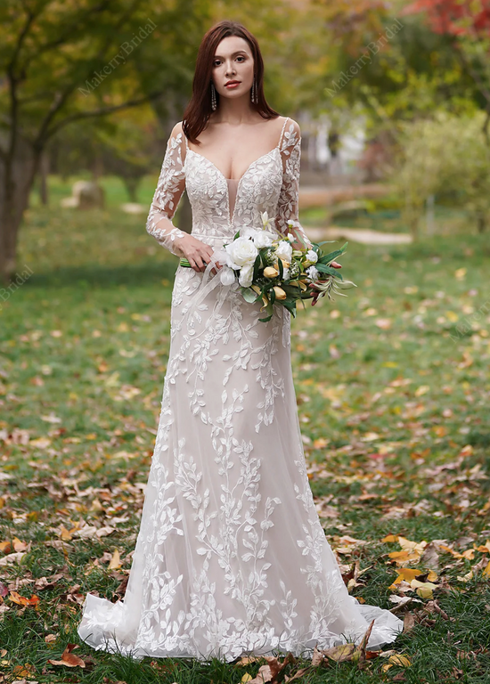 Delicate 3D Lace Hand Beaded Straps Gown With Sleeves