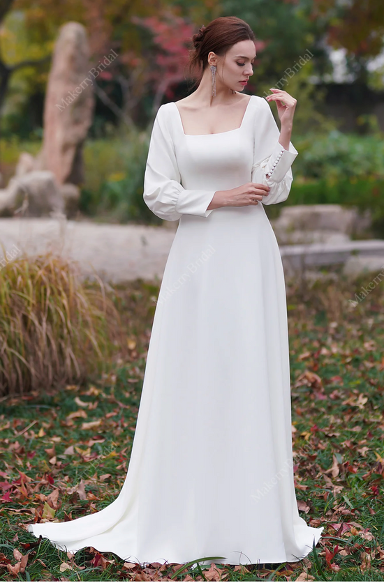 White Simple Wedding Dress Satin Fabric Square Neck Long, 54% OFF