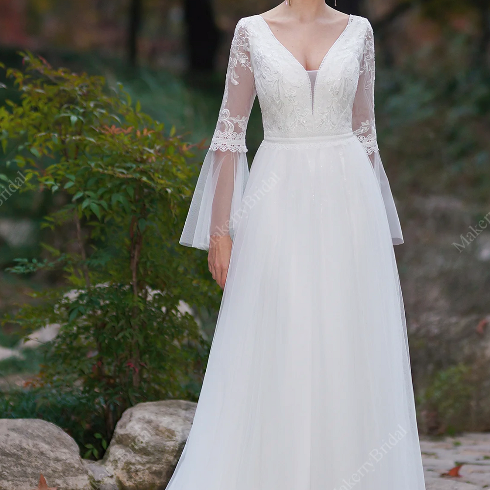 A-Line Boho Wedding Dress With Long Sleeves