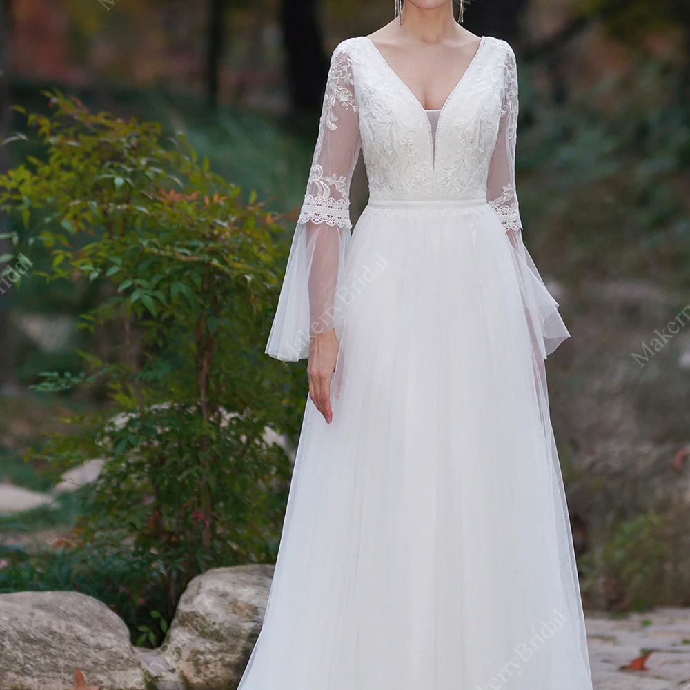 A-Line Boho Wedding Dress With Long Sleeves