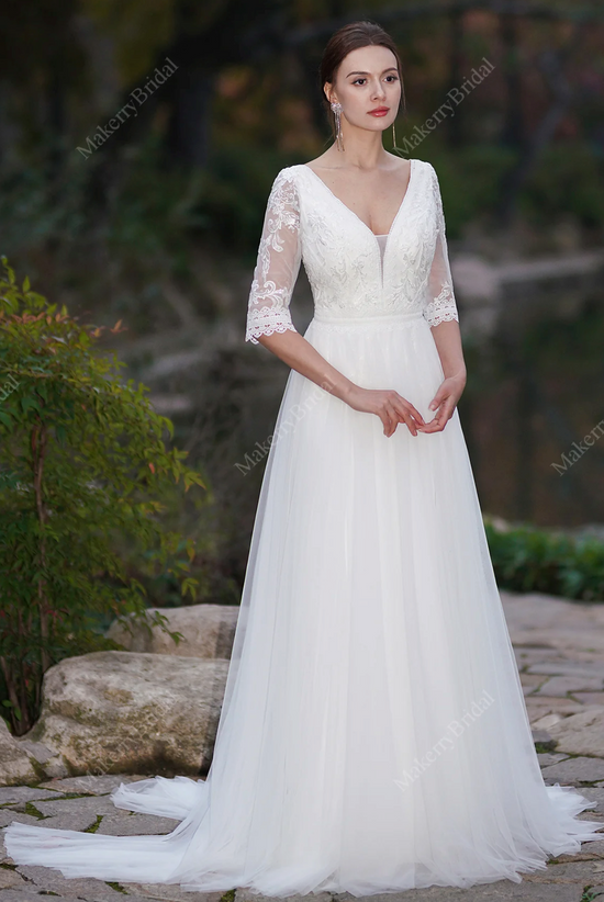 A-Line Boho Wedding Dress With Long Sleeves