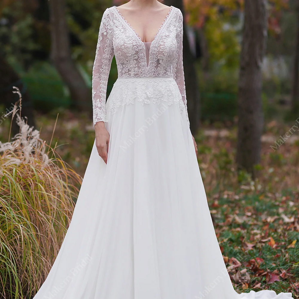 
                      
                        A-Line V-Neck Court Train Chiffon Wedding Dress
                      
                    