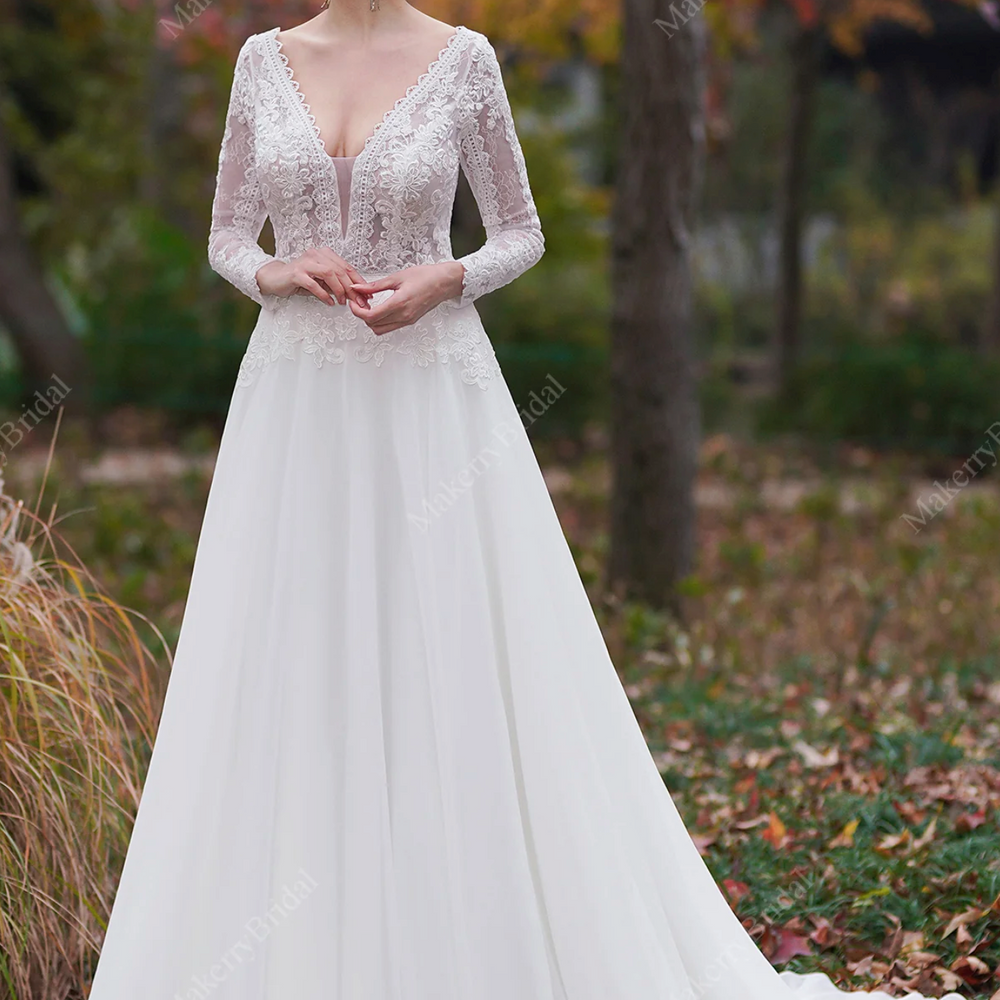 
                      
                        A-Line V-Neck Court Train Chiffon Wedding Dress
                      
                    