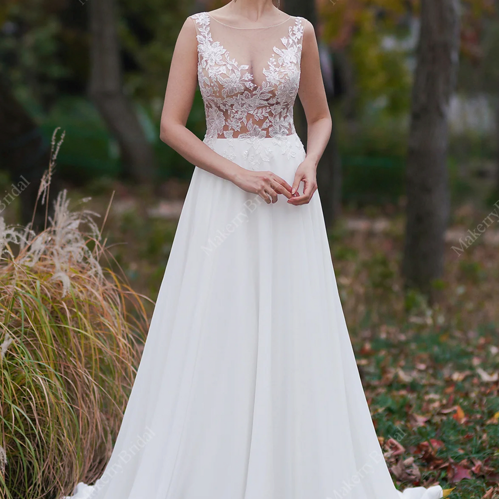 Sheer Lace Appliques Beach Wedding Dress