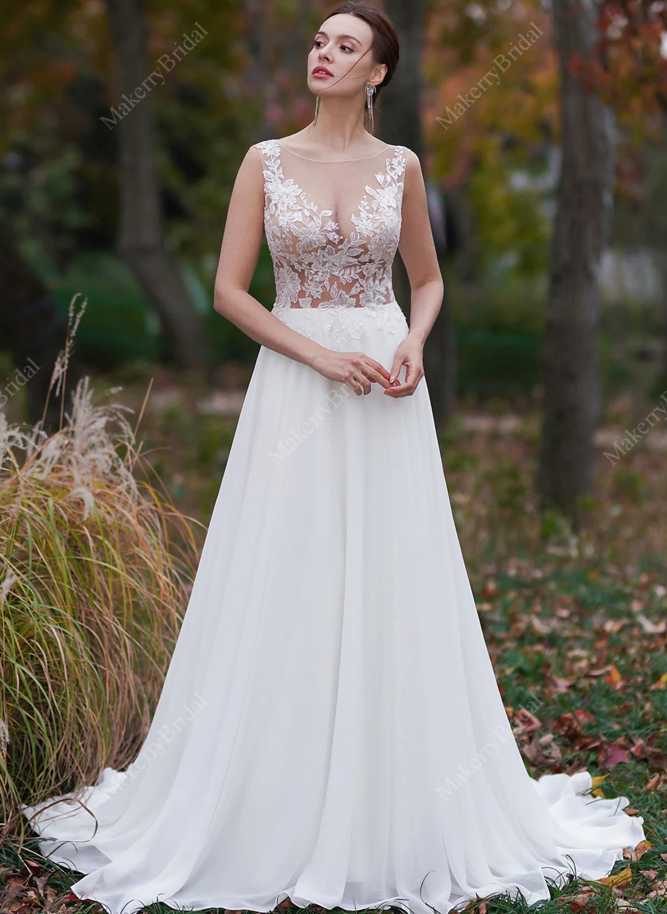 Sheer Lace Appliques Beach Wedding Dress