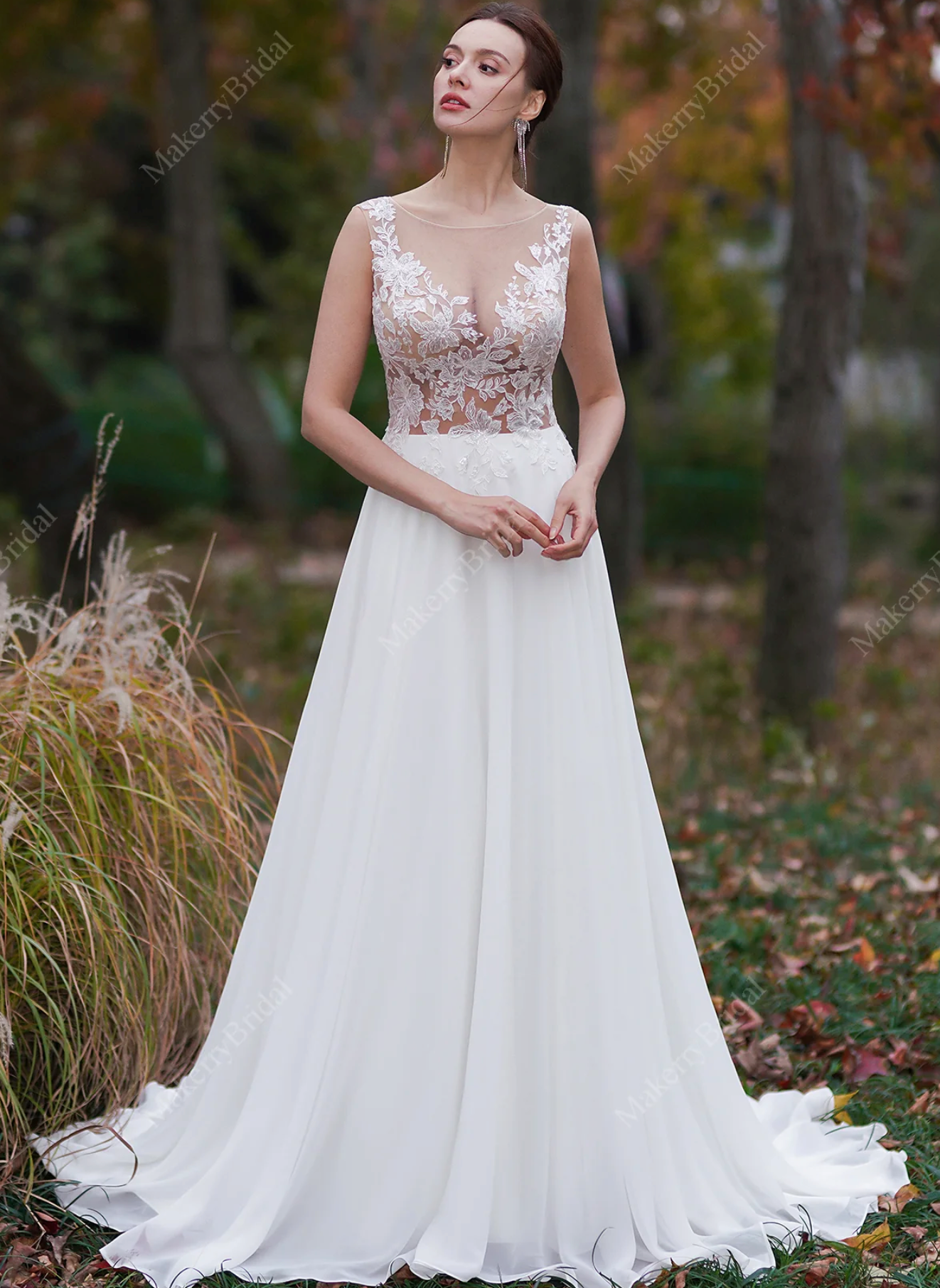 V Neck Sheer Lace & Chiffon Outdoor Summer Wedding Gown - VQ