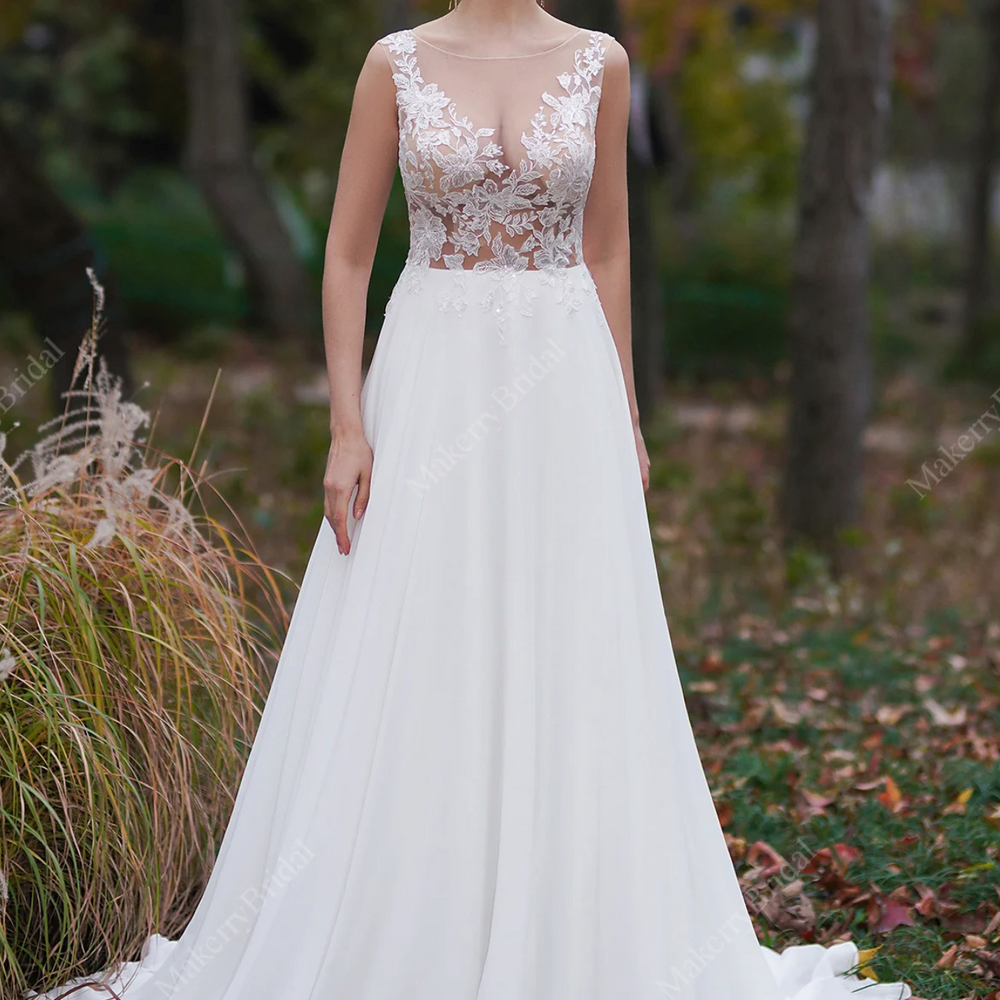 Sheer Lace Appliques Beach Wedding Dress