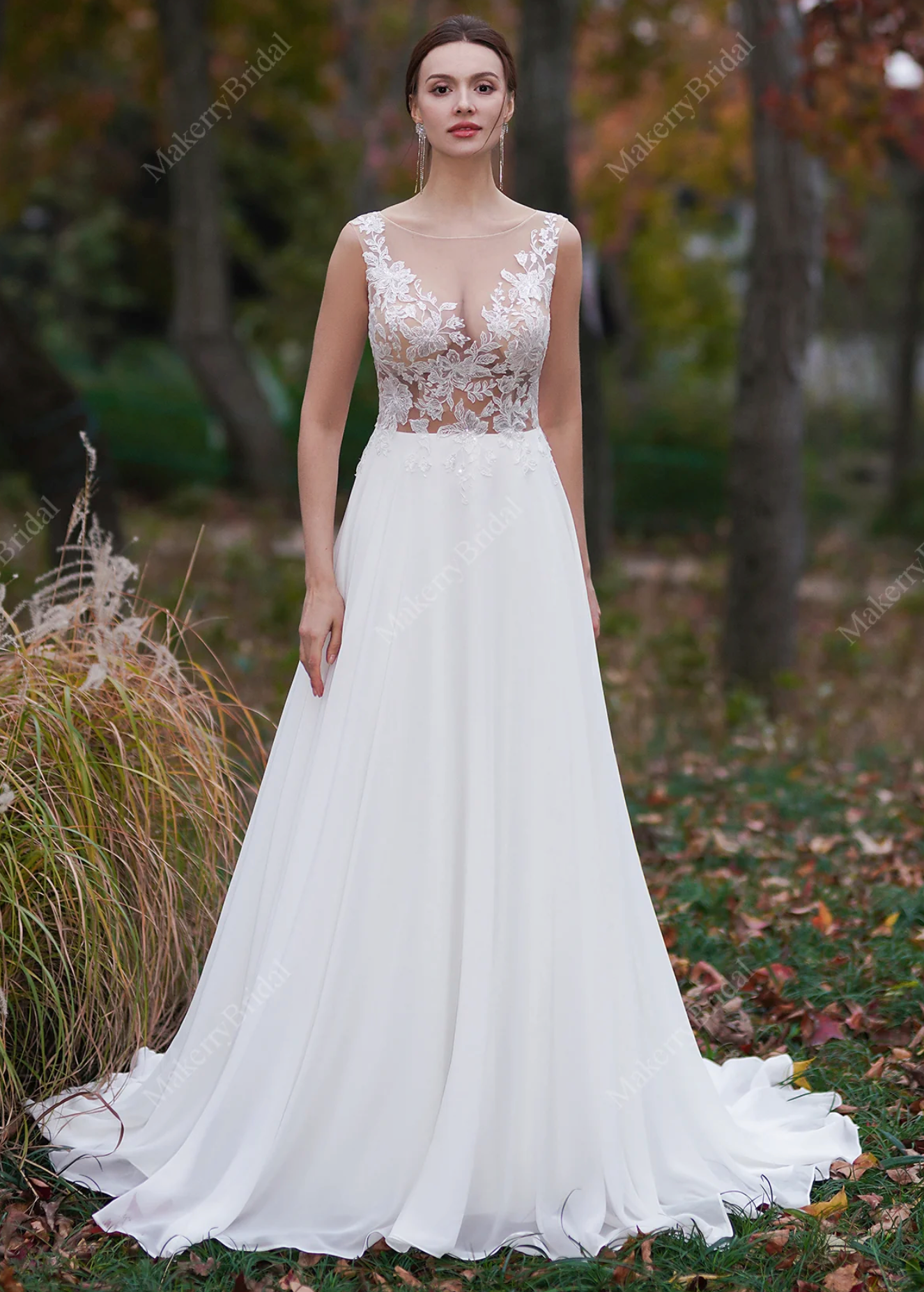 Sheer Lace Appliques Beach Wedding Dress