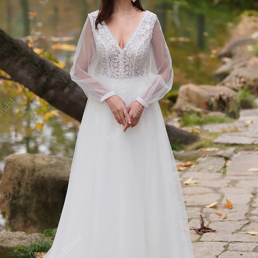 Vintage Boho Lace Wedding Dresses With Long Sleeves
