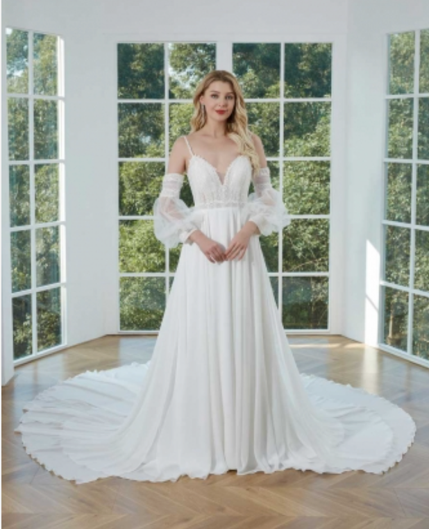 Chiffon A-Line Wedding Dress with Detachable Long Sleeves