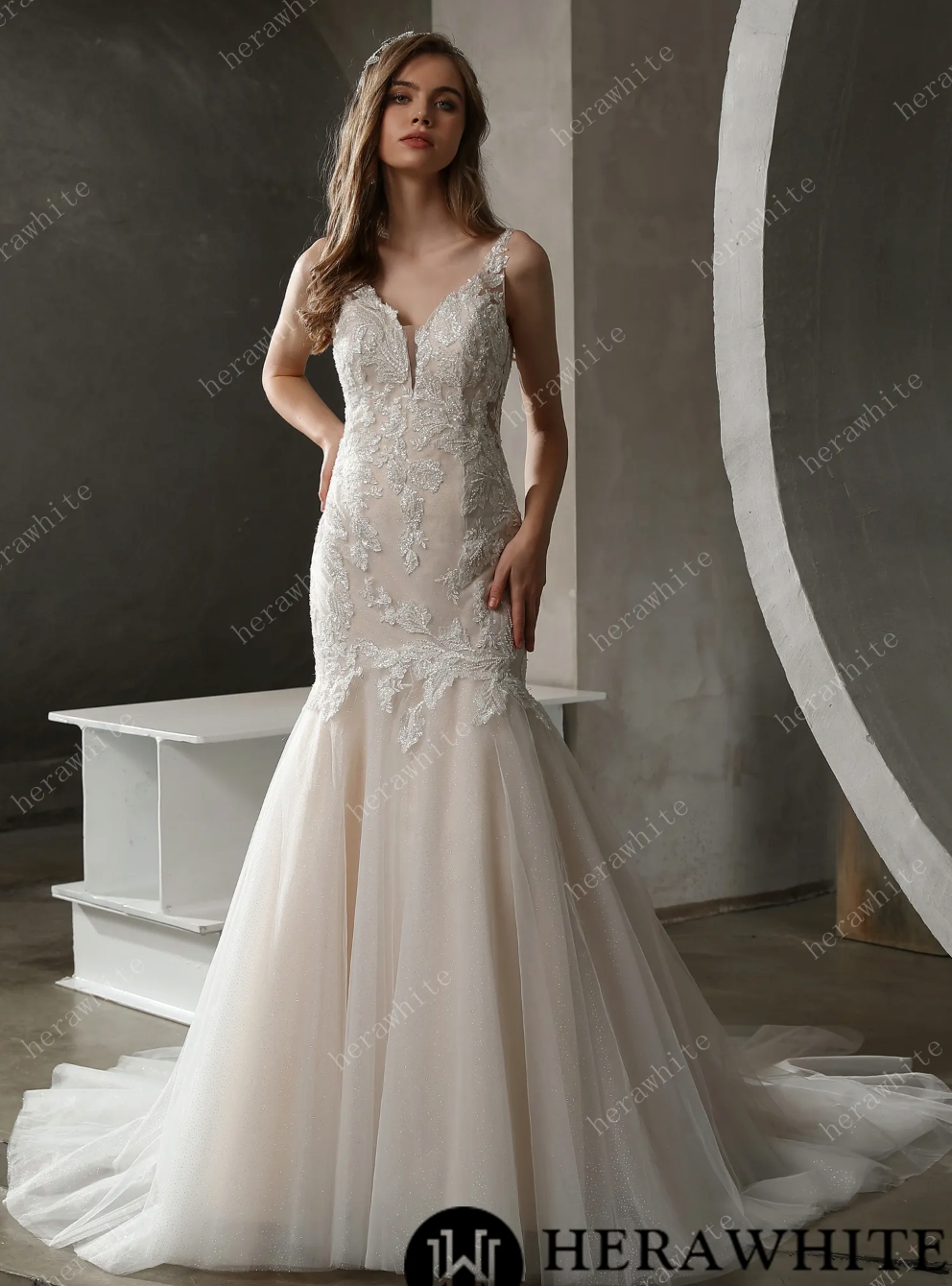 Plunging V-Neck Mermaid Wedding Dress with Illusion Square Back