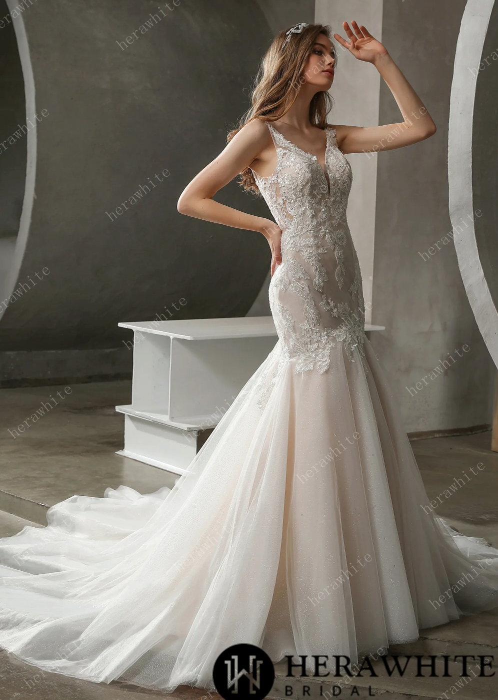 Load image into Gallery viewer, Plunging V-Neck Mermaid Wedding Dress with Illusion Square Back
