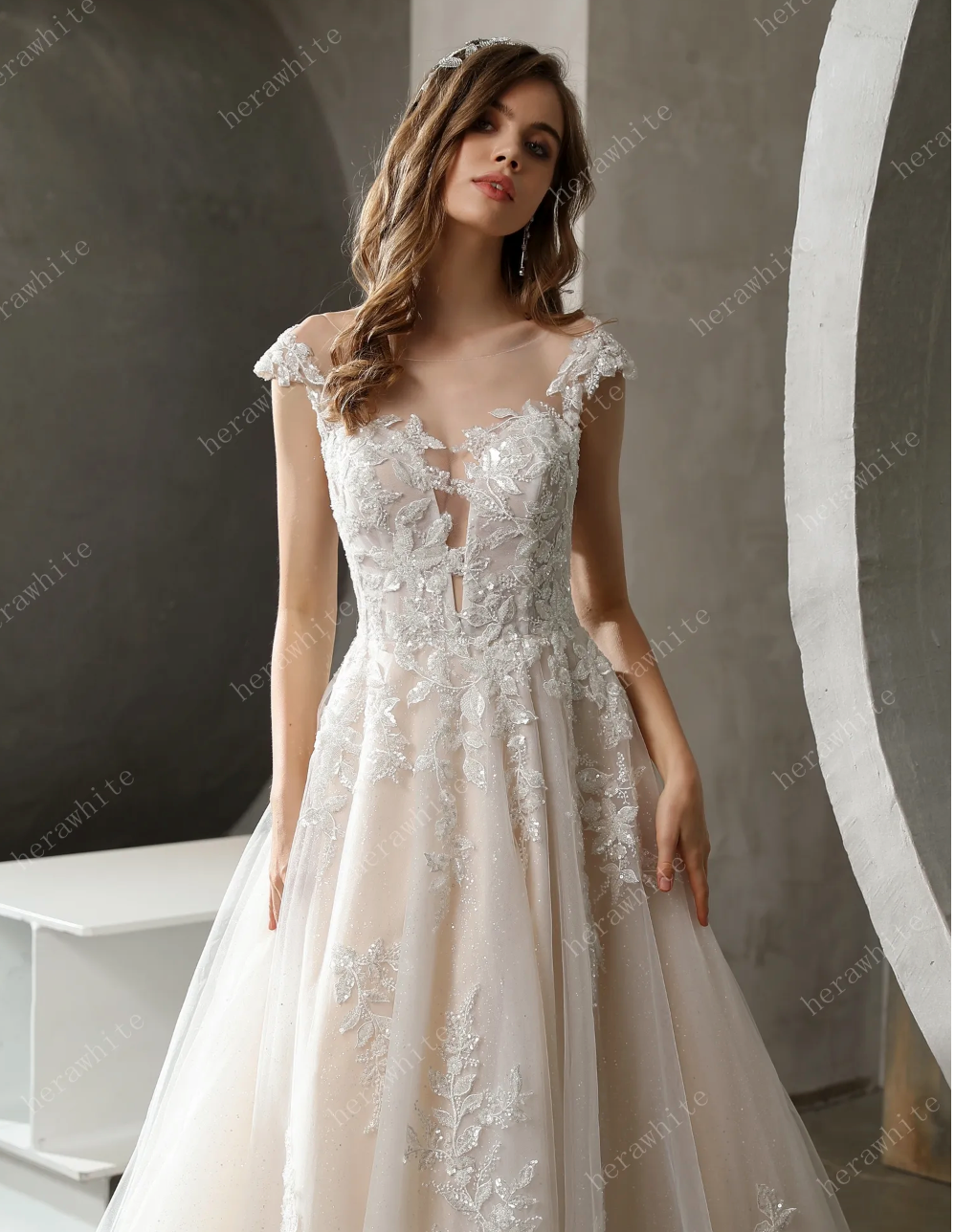 Illusion Neckline Beaded Lace A-line Wedding Dress