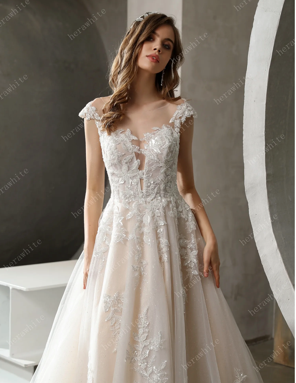 Sparkly Lace A Line Illusion Neck Wedding Dresses PW290