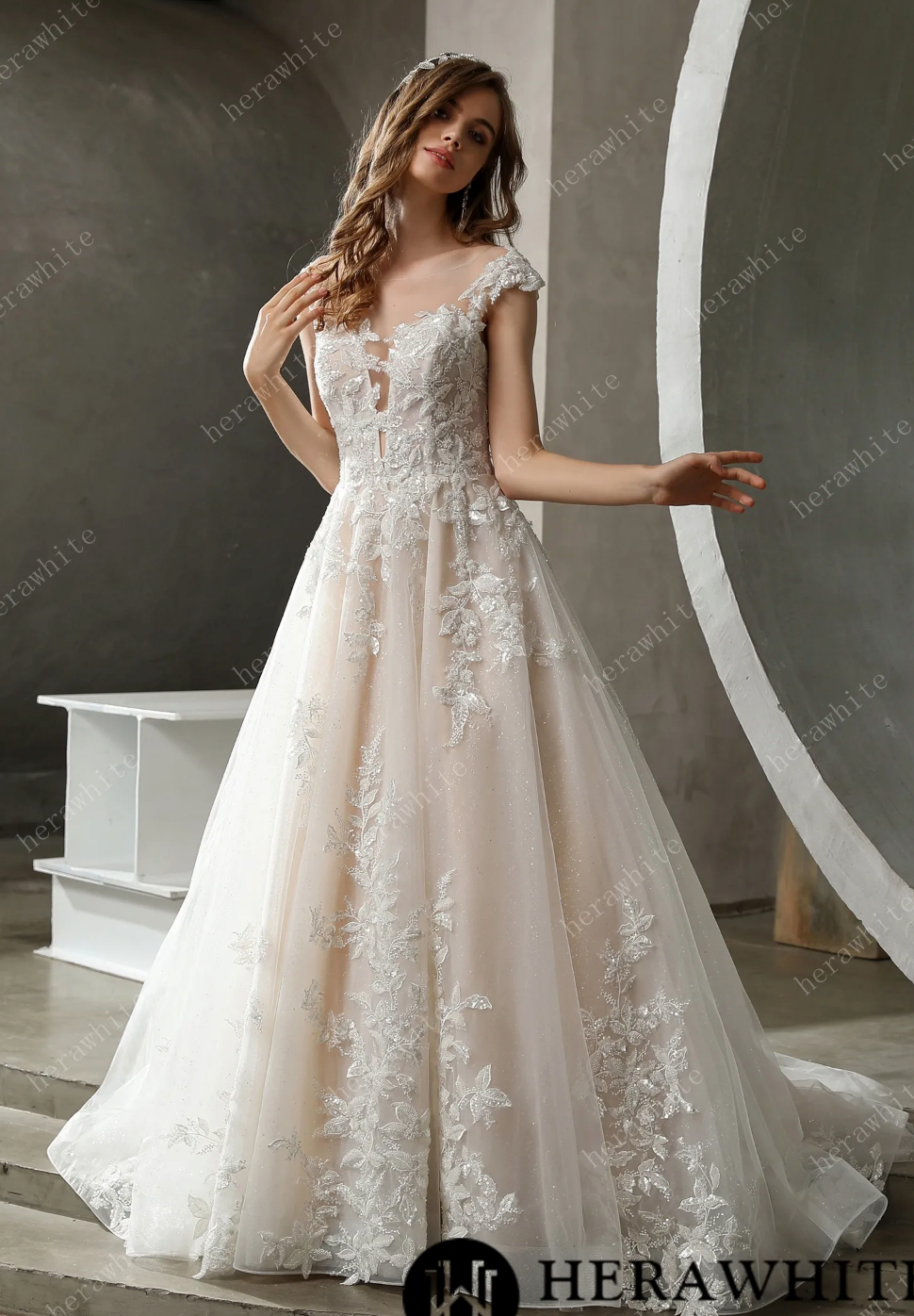 Load image into Gallery viewer, Illusion Neckline Beaded Lace A-line Wedding Dress
