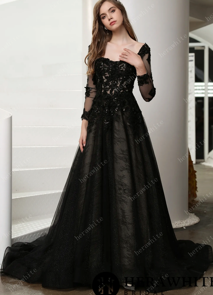 
                      
                        Black Illusion Lace Wedding Dress with Detachable Long Sleeves
                      
                    