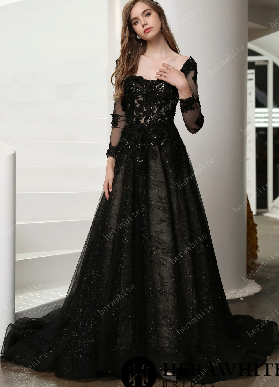 Load image into Gallery viewer, Black Illusion Lace Wedding Dress with Detachable Long Sleeves
