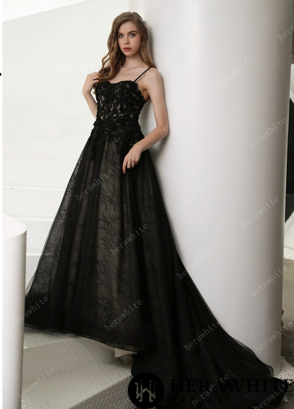 Load image into Gallery viewer, Black Illusion Lace Wedding Dress with Detachable Long Sleeves
