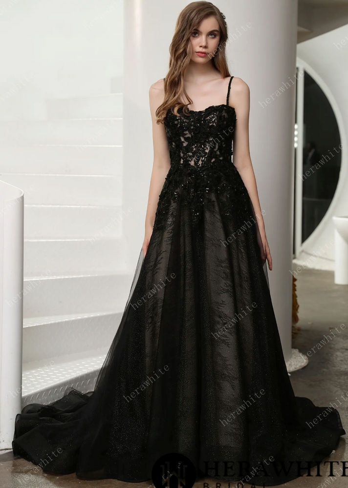 
                      
                        Black Illusion Lace Wedding Dress with Detachable Long Sleeves
                      
                    