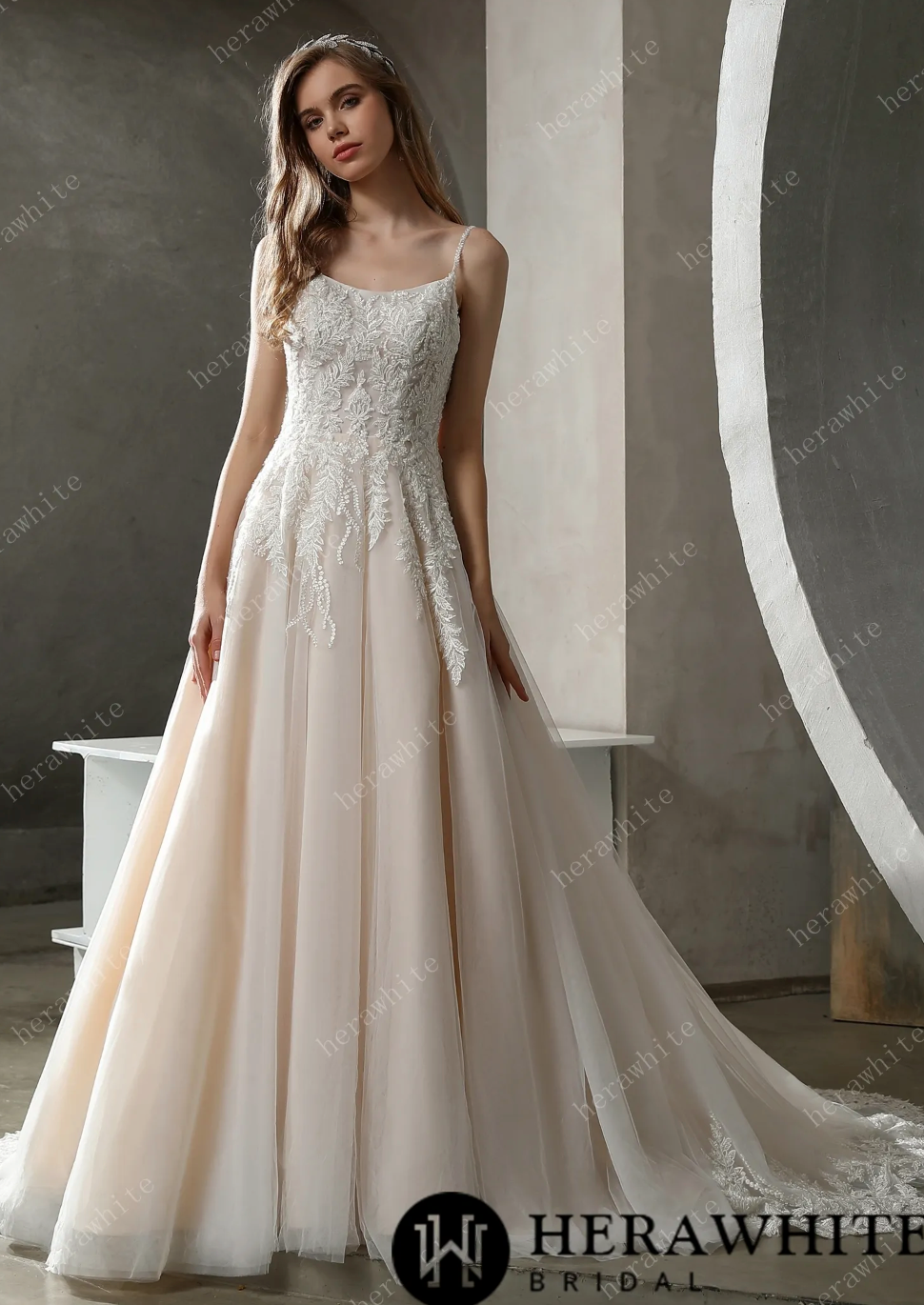 Beaded Lace A-line Wedding Gown with Scoop Neckline