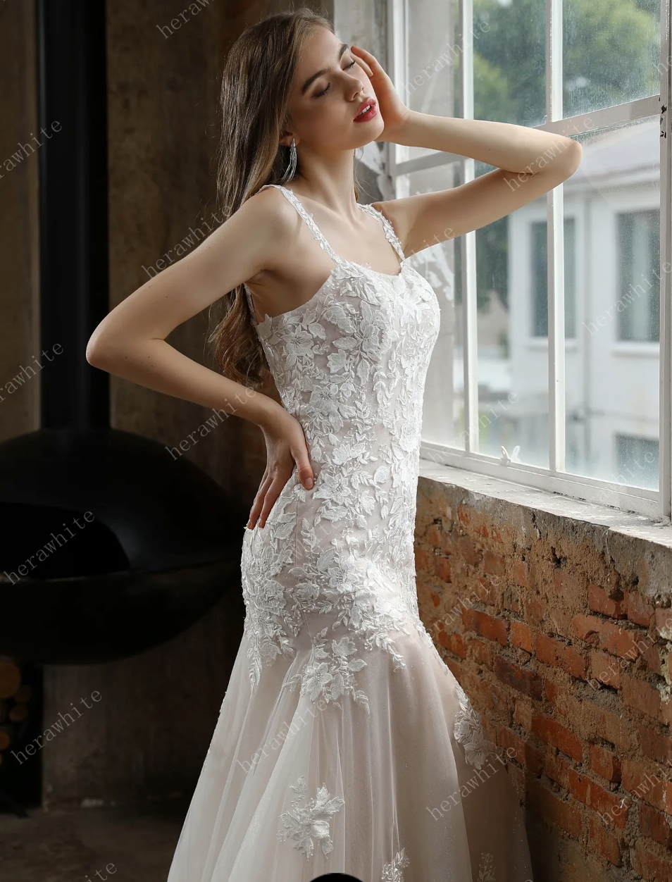 Square Neckline Wedding Dress with Delicate Leafy Lace – TulleLux