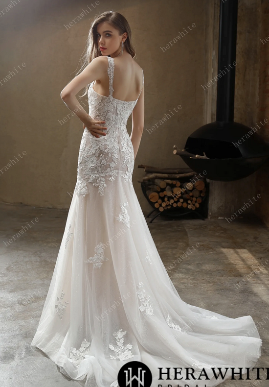 Load image into Gallery viewer, Square Neckline with Lace Straps Mermaid Wedding Gown
