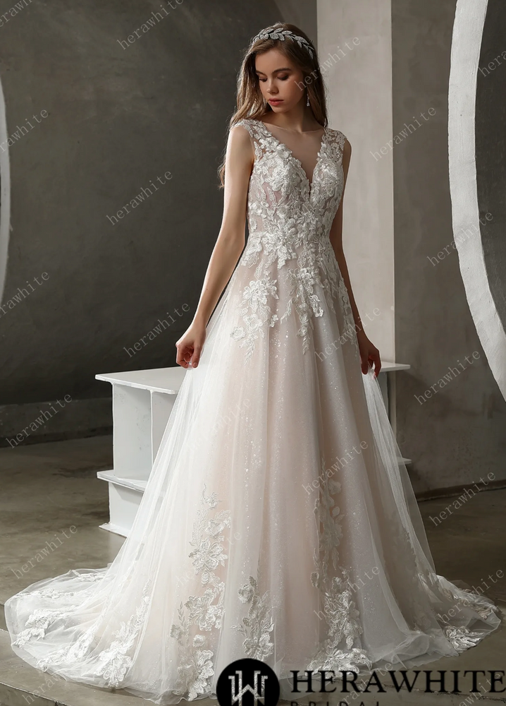 
                      
                        Sparkly Tulle and Lace A-Line Bridal Gown with Bateau Neckline
                      
                    