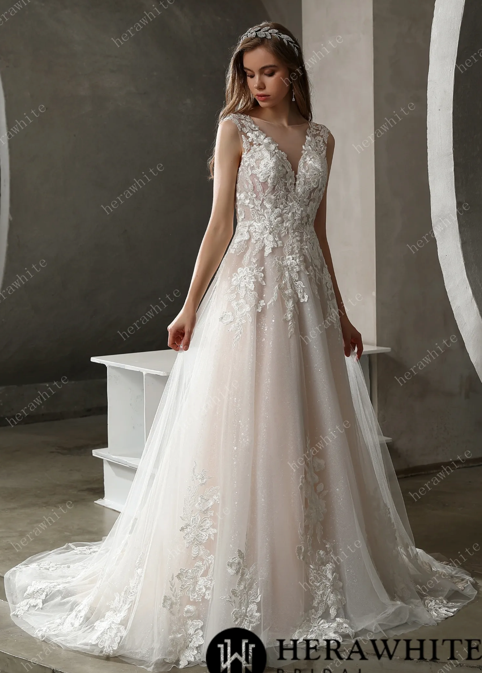 Sparkly Tulle and Lace A-Line Bridal Gown with Bateau Neckline