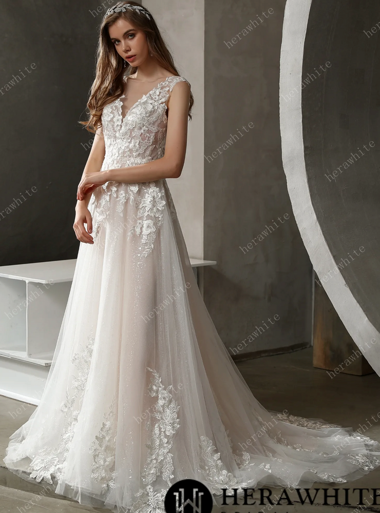 
                      
                        Sparkly Tulle and Lace A-Line Bridal Gown with Bateau Neckline
                      
                    